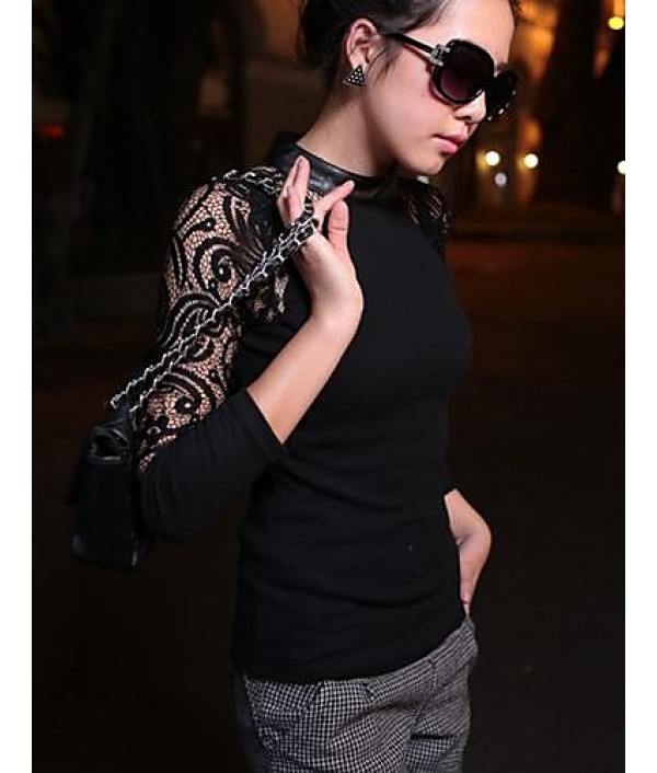 Women's Lace Black/Gray T-shirt,Sexy Crew Neck Long Sleeve Splicing