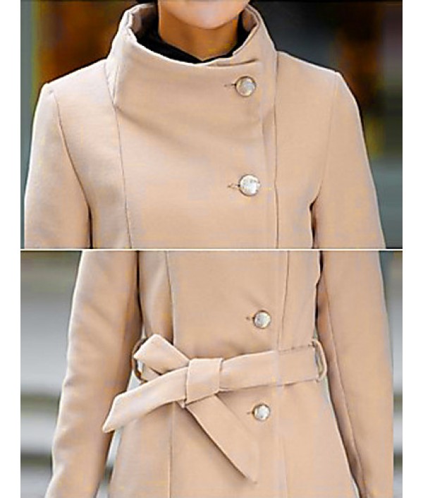 Women's Vintage / Cute Trench Coat,Solid Long Sleeve All Seasons Beige / Black / Gray Wool Medium