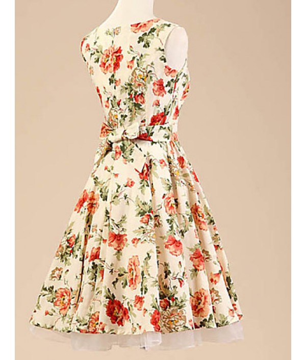 Women's Halter 50s Vintage Flower Print Rockabilly Sleeveless Dress(Not Include Petticoat)