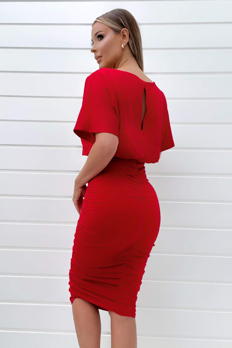 Red Short Sleeve Side Ruched Midi Dress