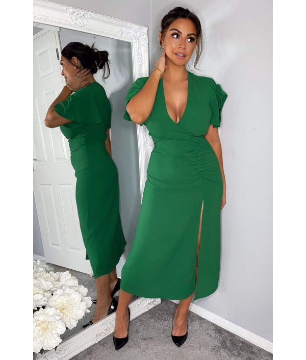 Green Ruched Split Leg Midi Dr...