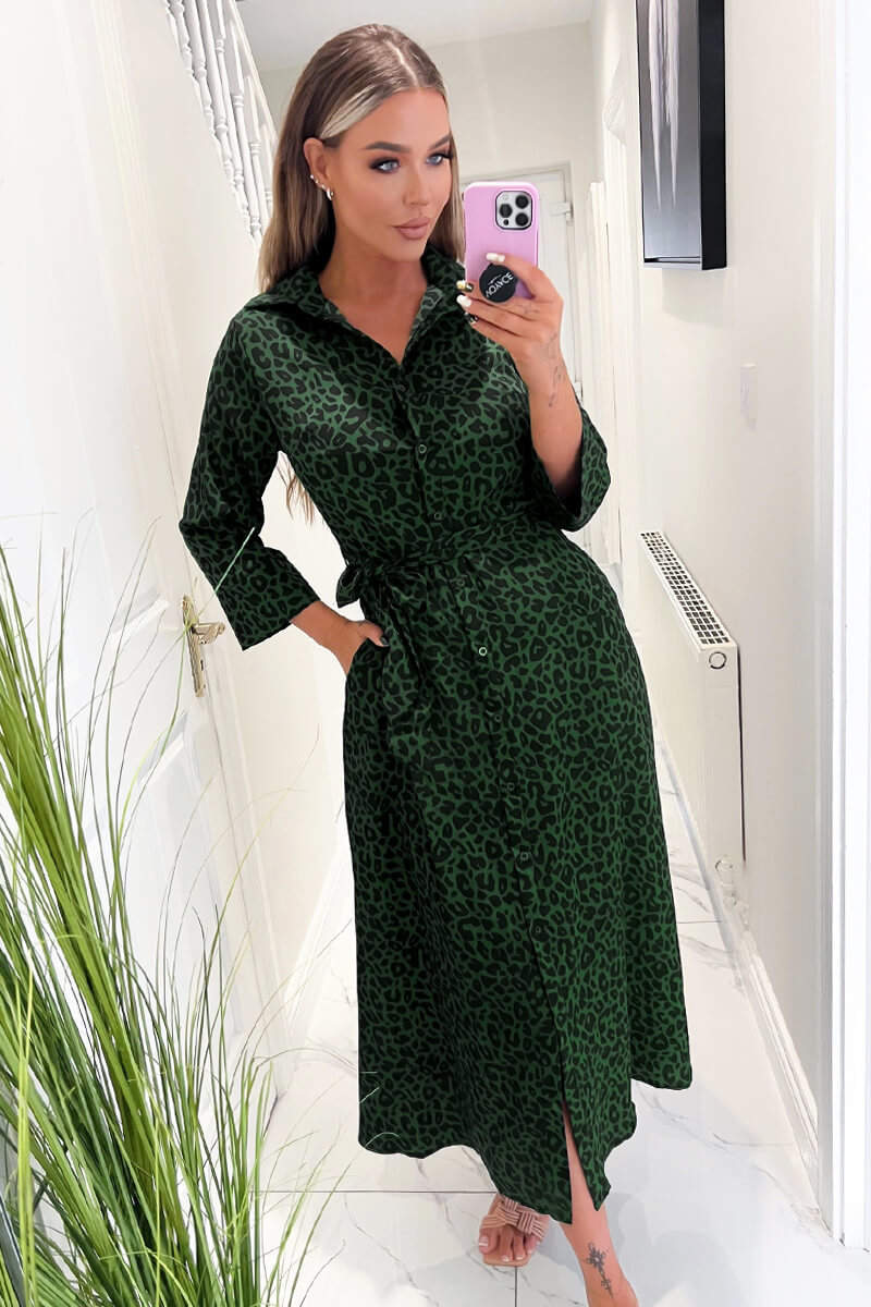 Green Animal Print Belted Midi Shirt Dre...