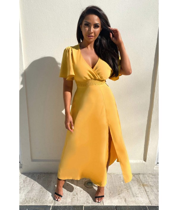 Mustard Gathered Waist Midi Dr...