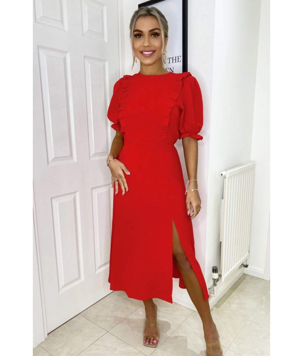 Red Ruffle Split Leg Midi Dres...