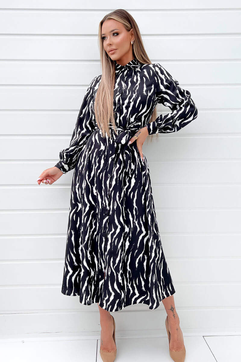 Black And White Printed Button Up Midi Shirt Dress