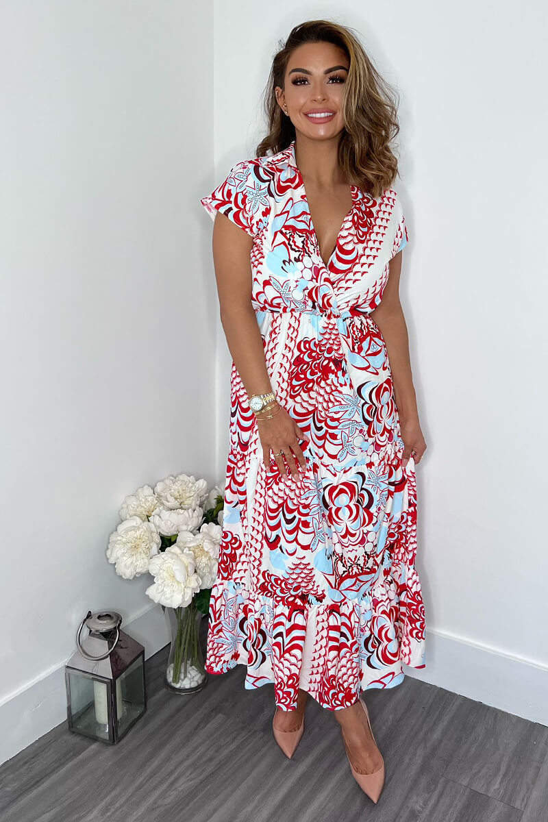 Red Cream And Blue Printed Maxi Smock Dr...