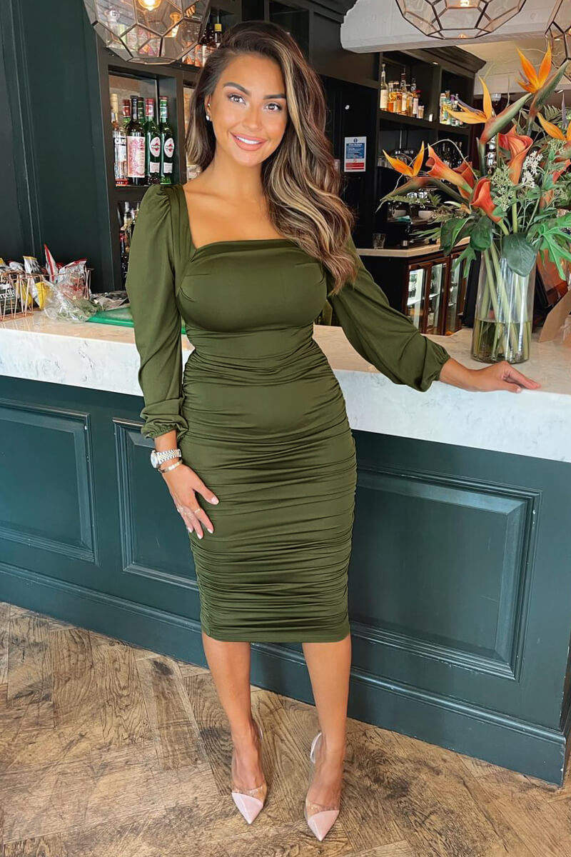 Olive Square Neck Ruched Midi Dress