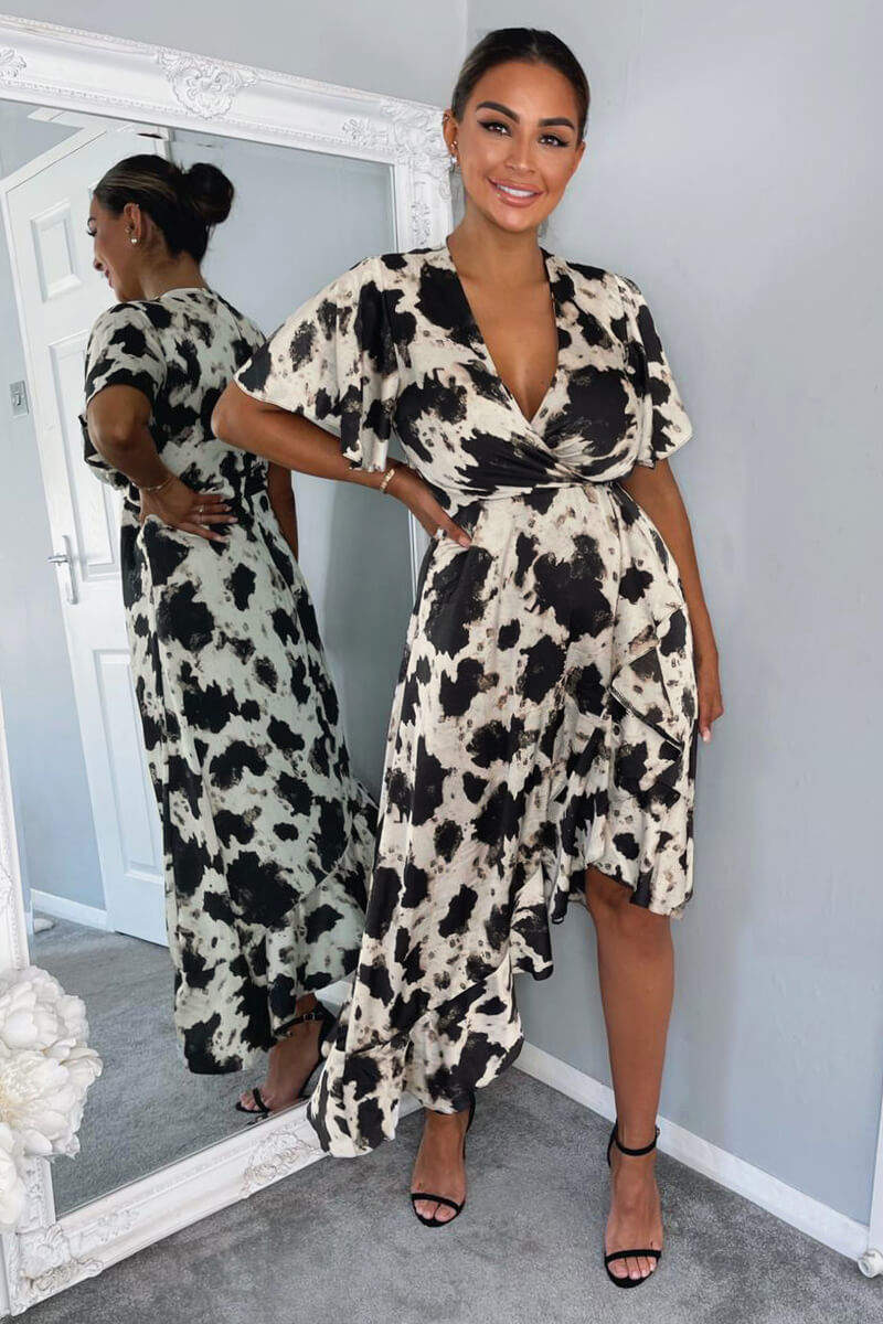 Black And Stone Abstract Print Wrap Midi...