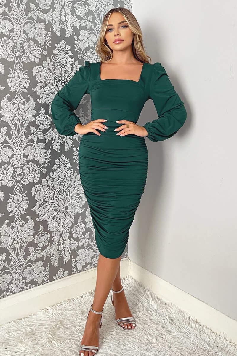 Teal Square Neck Ruched Long Sleeve Midi...