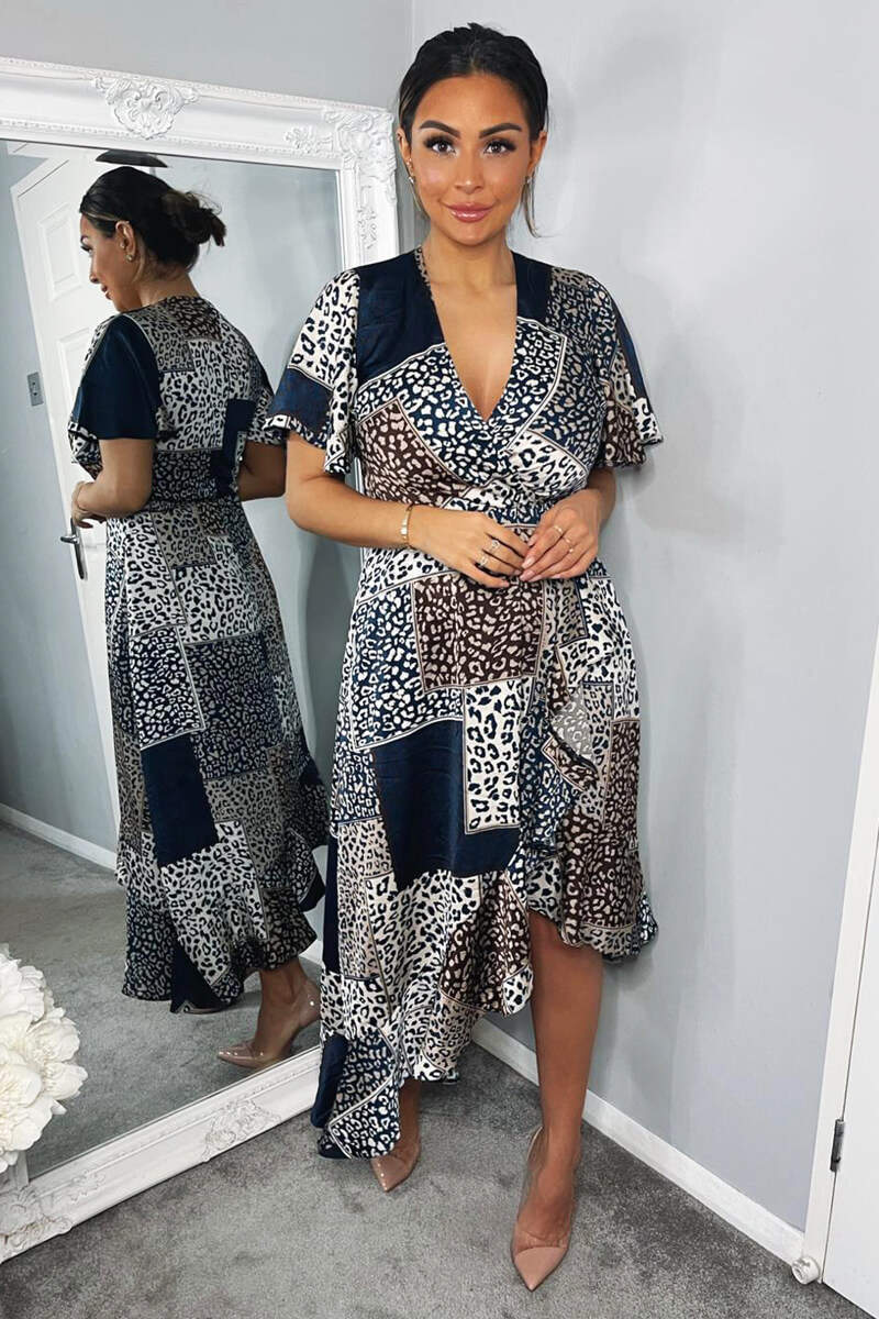 Navy Animal Print Patchwork Wrap Midi Dr...